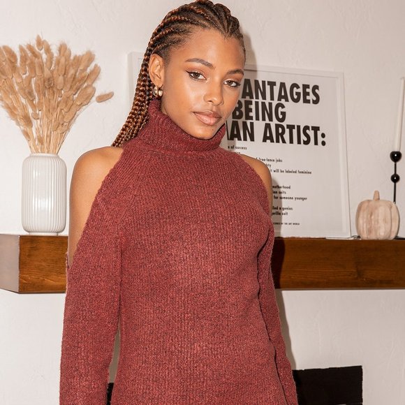 NWT MAKE A MATCH BRICK RED COLD SHOULDER SWEATER DRESS - Picture 1 of 7